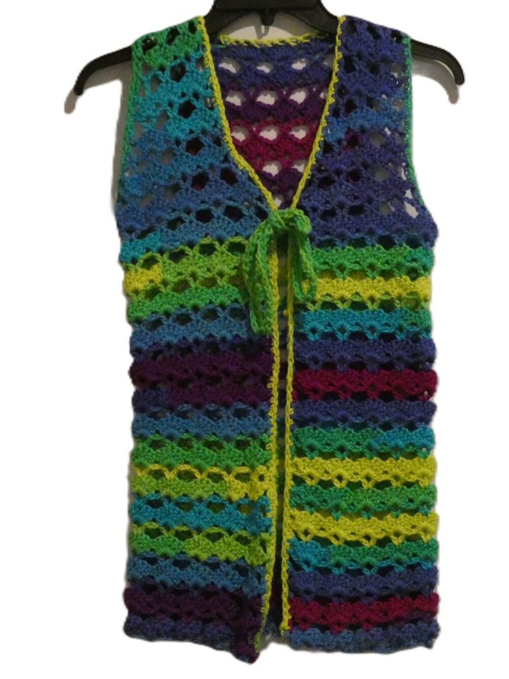Handmade Crochet Vibrant Striped Open-Weave Tie-Front Vest Size S